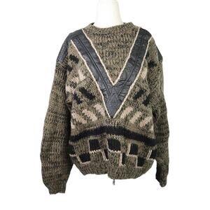 Vintage 80s Trader Bay olive green and black knit and leather sweater L